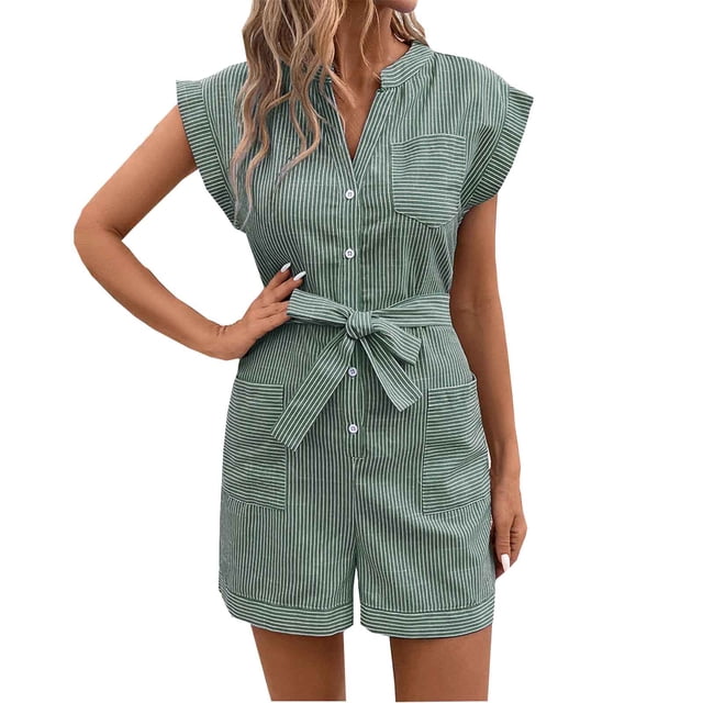 Yuyuzo Jumpsuits for Women Striped Sleeveless Button down Short Rompers Belted Work Overalls with Pockets
