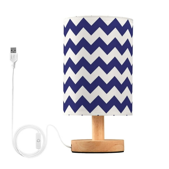 Navy Blue Chevron Zigzag Striped Bedside Table Lamp LED Warm Lights with USB Charging Port Retro Cylinder Desk Lamps