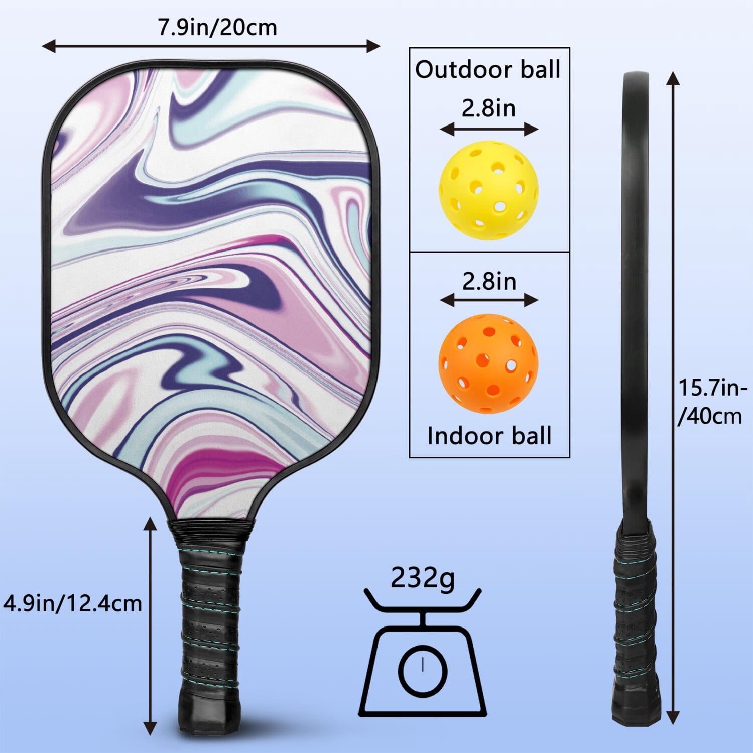 Pickleball Paddles Set Of 1, Fiberglass Surface, Liquid & Marble Print, 1 Paddles, 2 Balls & Bag
