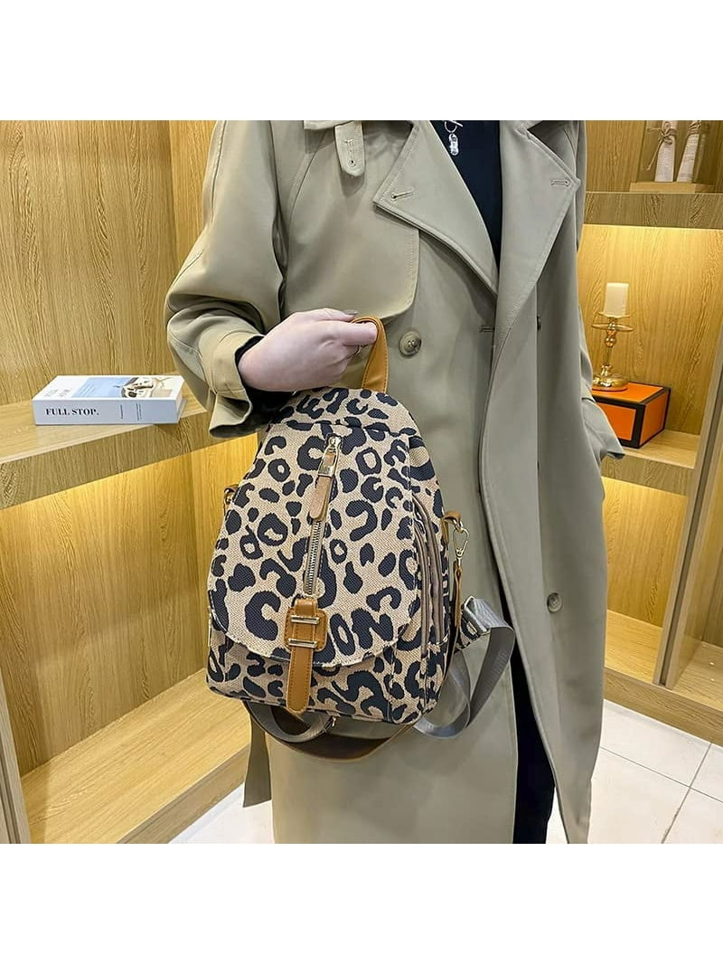 Leopard Print Backpack for Women Pu Leather Cheetah Print 