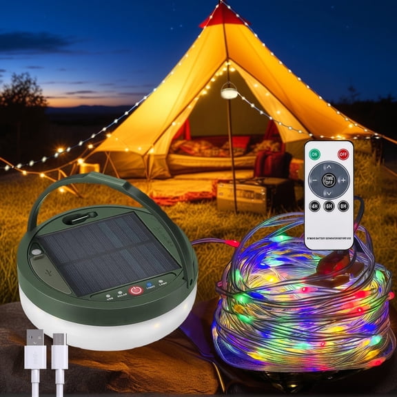 Dzorun 39.4ft Solar Camping String Lights Waterproof Garden Light Rechargeable Outdoor Indoor Tent Yard Party Christmas Decoration