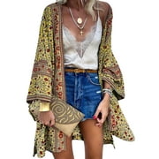 WISEFIN Women Holiday Bohemia Floral Long Sleeve Cardigan Covers Ups Blouse Tops Size S-XL