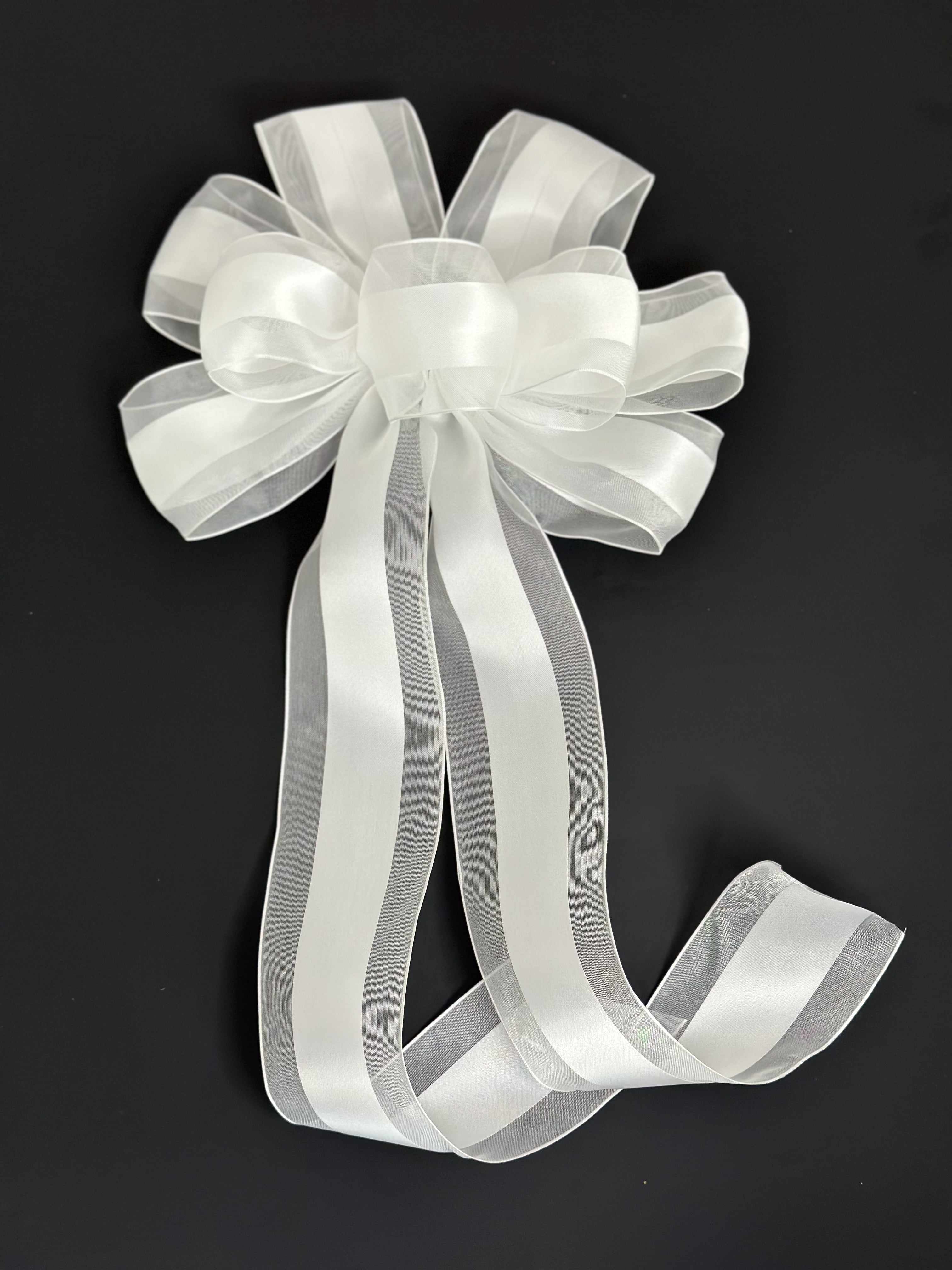 Large 10" White Wedding Pew Bows - Wired Satin Organza Ribbon, 18" Long with Tails, Set of 6, Aisle Decorations, Christmas, Reception, Bridal Shower, Anniversary, Elegant Event