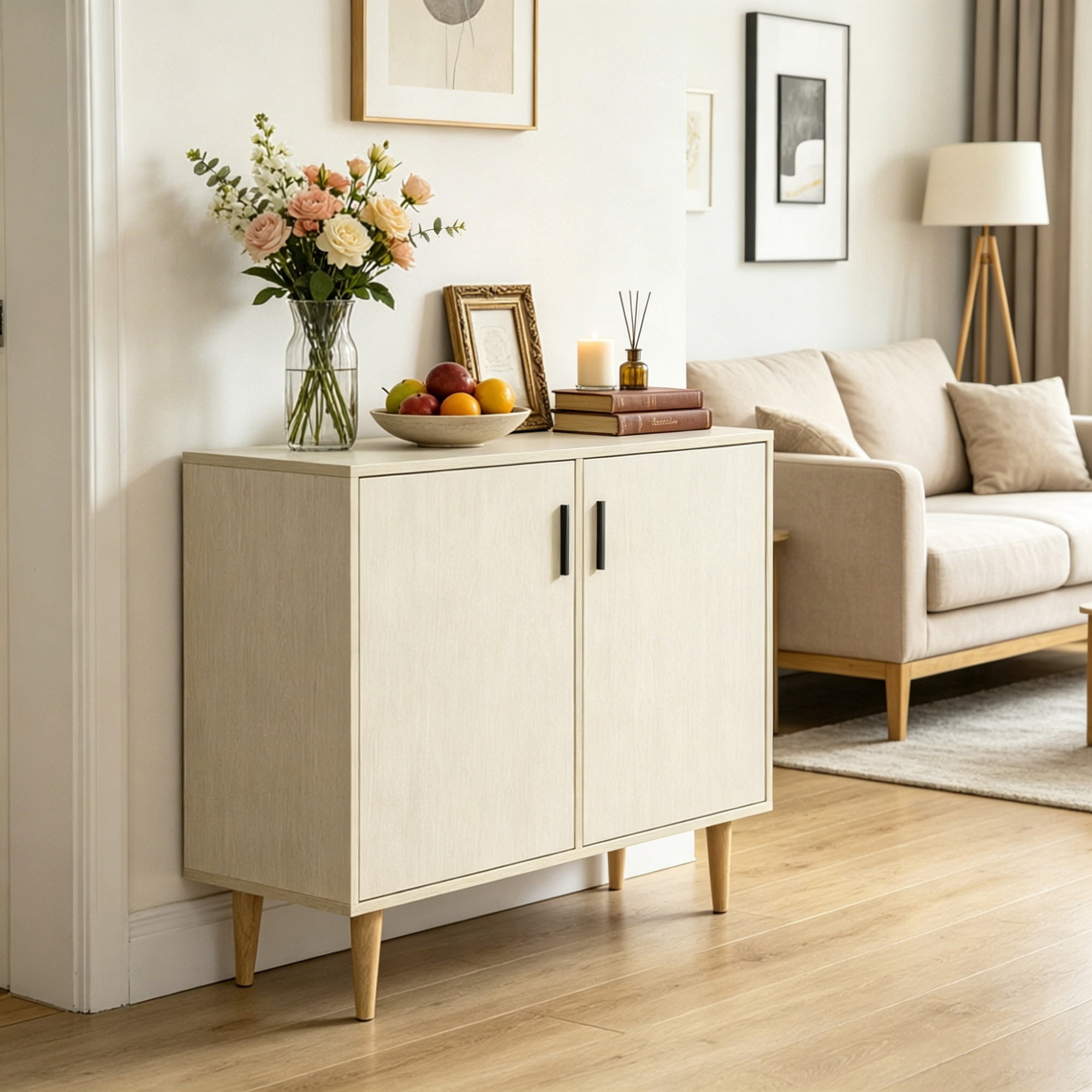 Sideboard Buffet Cabinet with Double Doors Adjustable Shelves And Wood Legs for Kitchen Living Room, Natural Wood