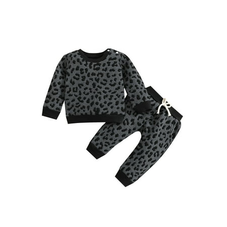 

Calsunbaby 2Pcs Toddler Baby Boys Pants Outfits Long Sleeve Leopard Print Tops + Elastic Waist Trousers Spring Clothes Grey 12-18 Months