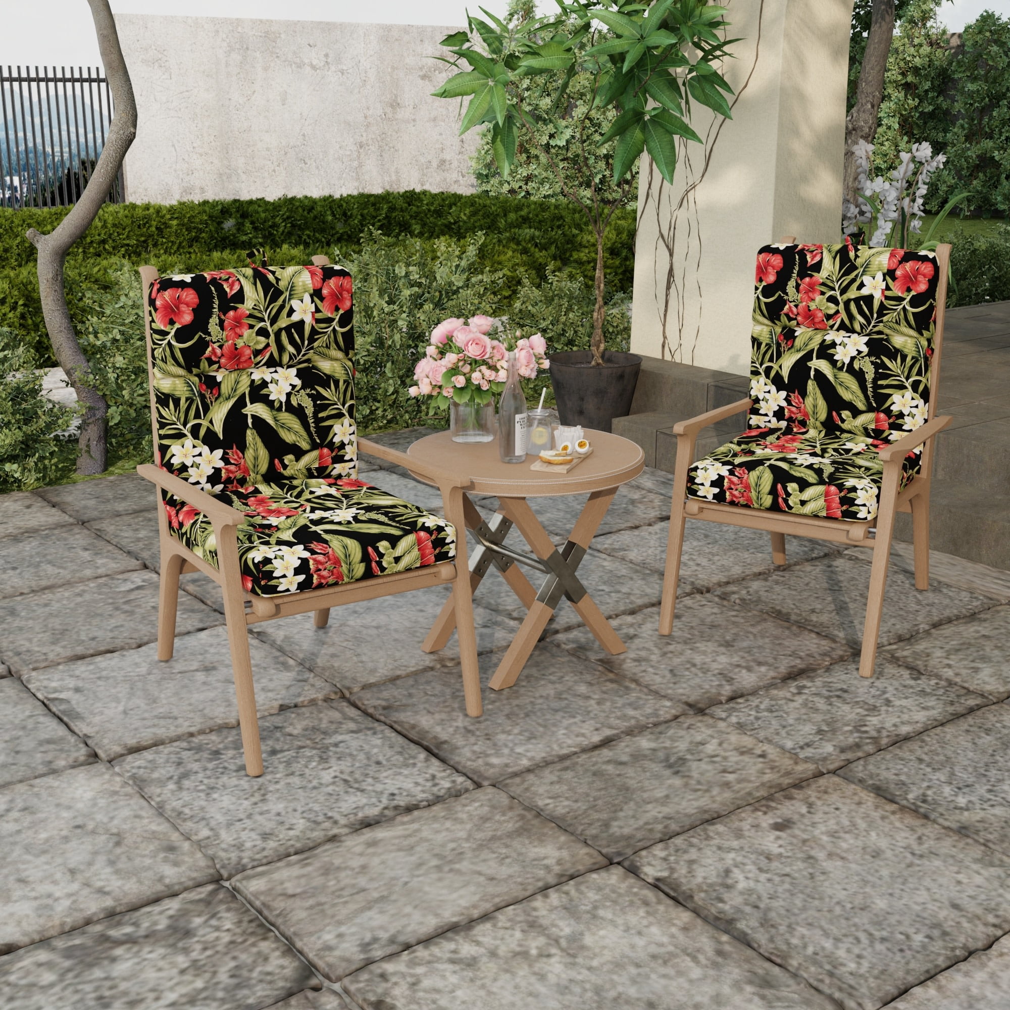 Jordan Manufacturing 44" x 22" Capulet Rojo Black Floral Rectangular Outdoor Chair Cushion with Ties and Hanger Loop
