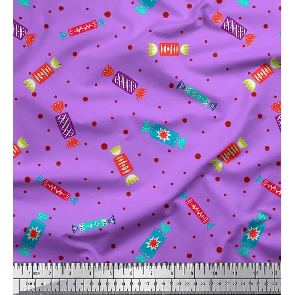 Soimoi Purple Poly Georgette Fabric Dot & Candies Food Printed Fabric 1 Yard 42 Inch Wide