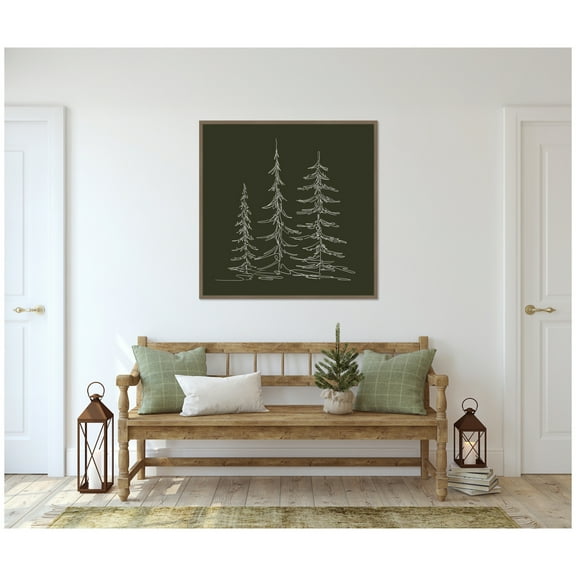 Kate and Laurel Framed Canvas Wall Art Print 'Minimalist Evergreen Trees Sketch Green' by The Creative Bunch Studio, 30 x 30 Sylvie Dark Gold Frame, Modern Contemporary, Nature Art for Wall Decor