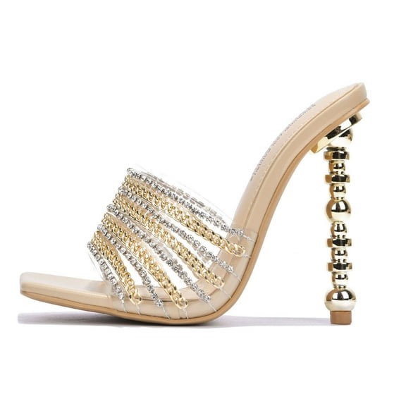 Cape Robbin Women High Heels Square Open Toe Shoes Unique Design Silver Gold Bling CATANA Beige Nude 8.5