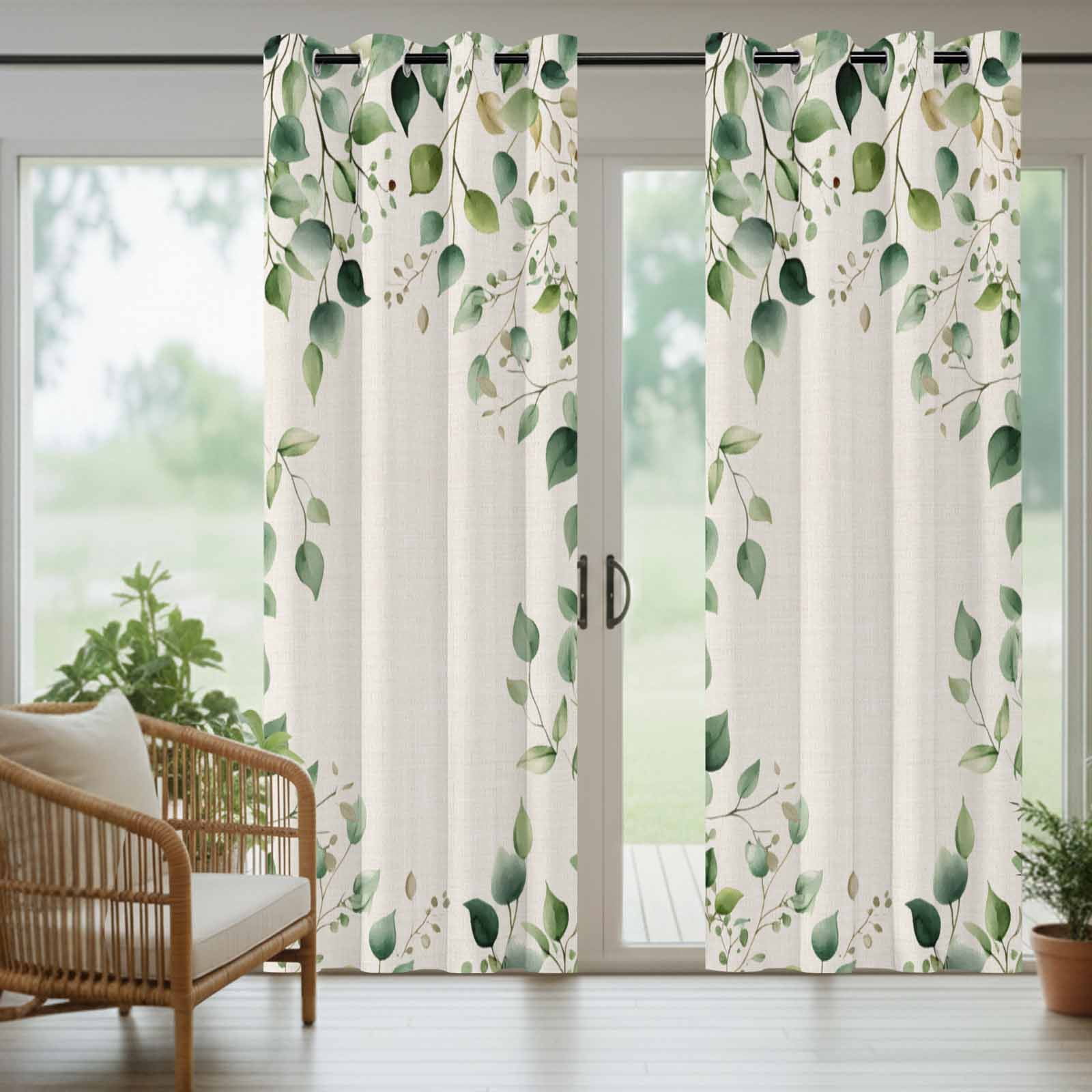 Outdoor Curtains for Patio Waterproof, Eucalyptus Leaf Windproof Pravicy Outside Porch Blackout Curtain, Watercolor Green Plant Vintage Country Sun Blocking Grommets Curtains for Cabana 54"x95"