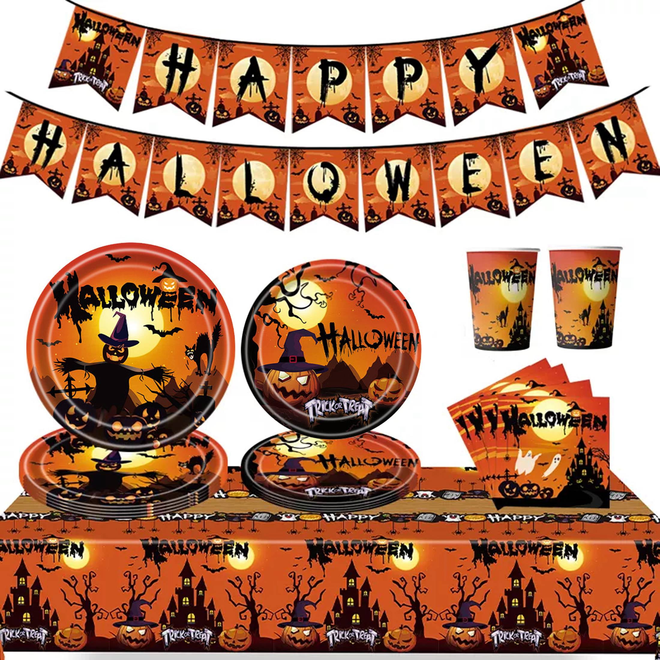 YeekTok 24Pcs 9oz Cups Halloween Party Tableware Set Banner Plates