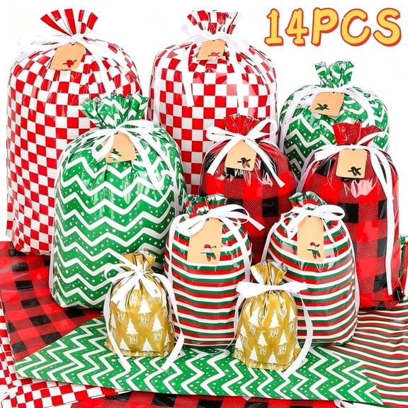 14 Pcs Drawstring Christmas Gift Bags Assorted Sizes with Tags Ribbon Ties, Multi-Purpose Reusable Plastic Gift Wrapping Bags for Christmas Holiday Birthday Party Favors