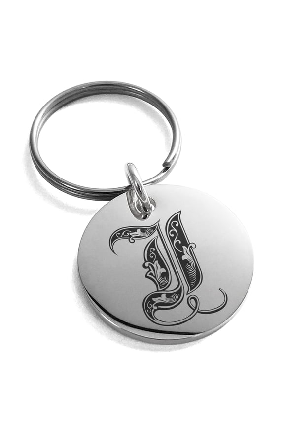 Stainless Steel Letter I Initial Royal Monogram Engraved Small Medallion Circle Charm Keychain Keyring