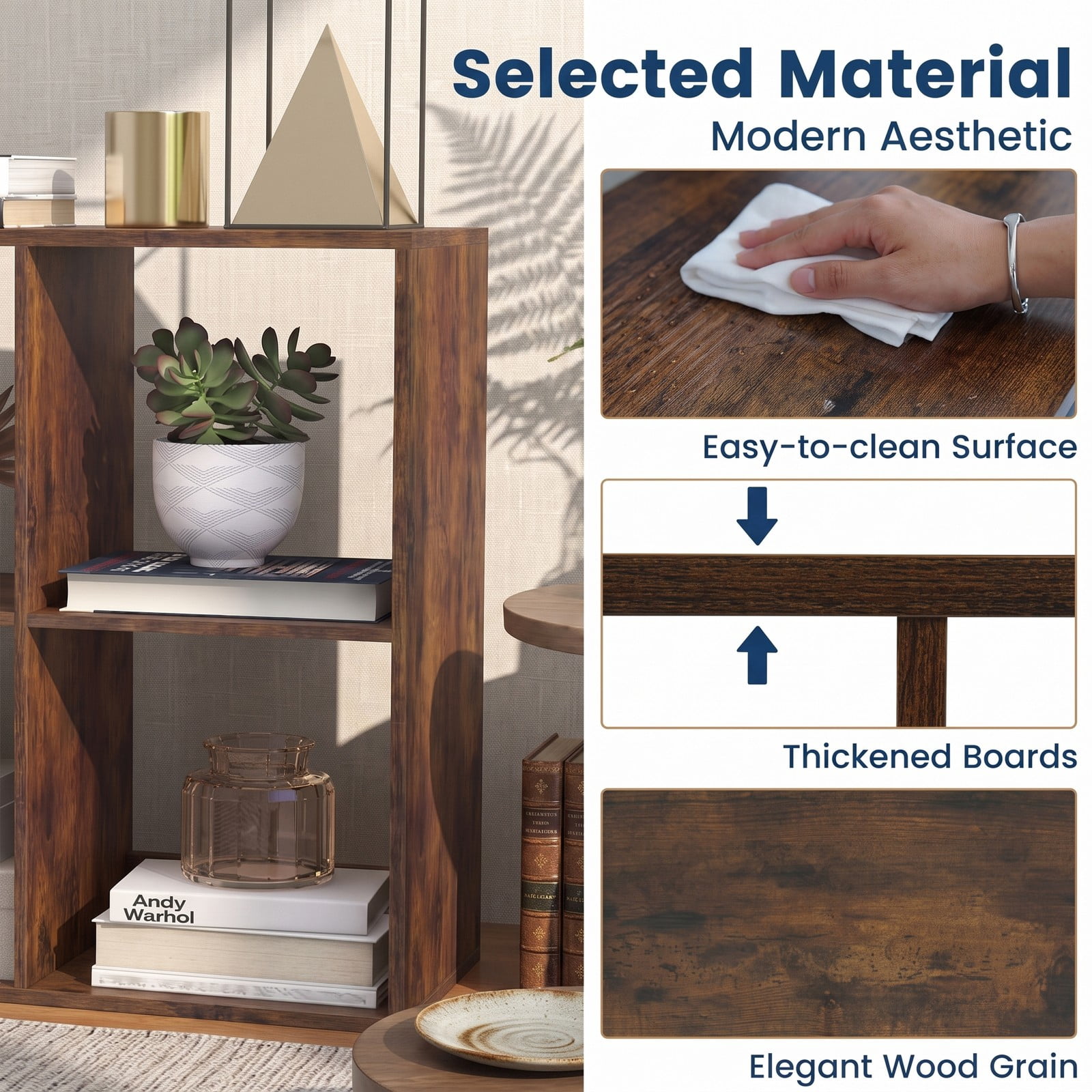 Furnibear 6 Cube Bookshelf, Rustic Brown Wood Cube Storage Organizer with Back Guardrail and Anti-Tip Kit, Freestanding Bookcase for Living Room Bedroom, Rustic Brown