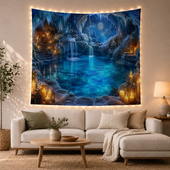 Moon Stars Glowing with Cavern Night Pool Water, Mystical Fantasy for Space Lovers, Galaxy Room Decor, Christmas Gift, Tapestry Wall Hanging for Bedroom and Dorm