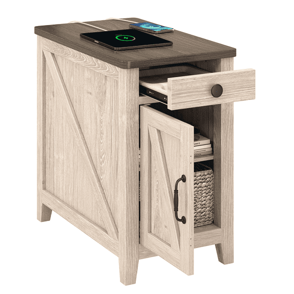 Farmhouse End Table with Charging Station, Narrow Nightstand for Living Room, Small Wooden Sofa Side Table, Bedside Table with Drawer and Storage Cabinet, Wood Night Stand
