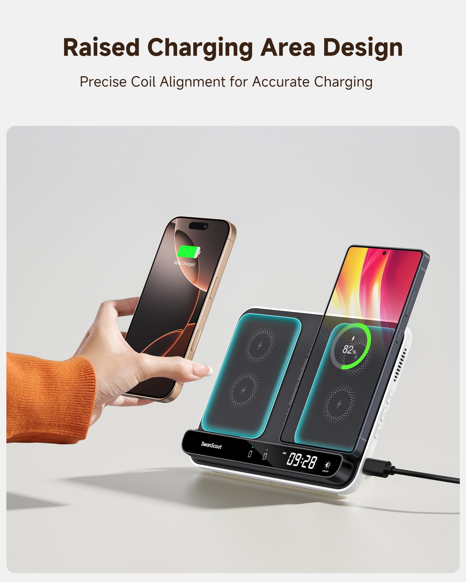 Dual Wireless Charger Stand for iPhone 17/Air/16/15/14 Series, for Samsung Galaxy S25/S24/S23/S22 Series, Android Phones, Foldable Wireless Charging for AirPods Pro 3/Galaxy Buds3 Pro, SwanScout 504