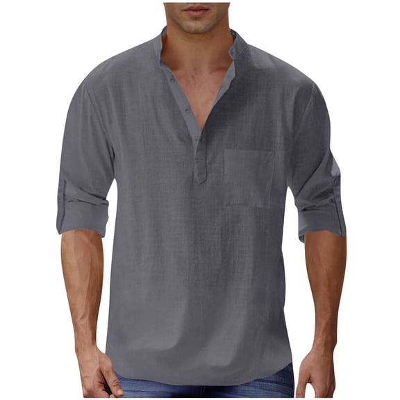 Ohufall Mens Cotton Linen Shirts Summer Solid Adjustable Long Sleeves Pocket Beach Shirt Fashionable Casual Pullover Button Stand-up Collar Tops for Men