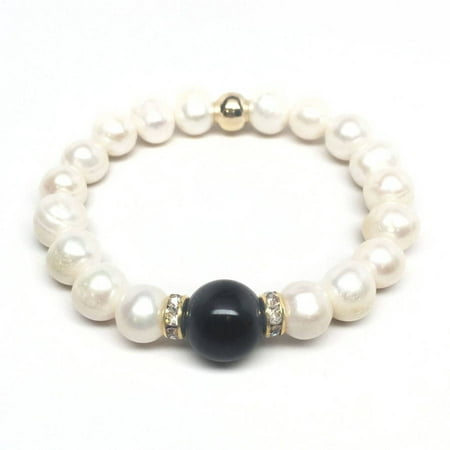 Julieta Jewelry Freshwater Pearl and Black Onyx Joy 14kt Gold over Sterling Silver Stretch Bracelet