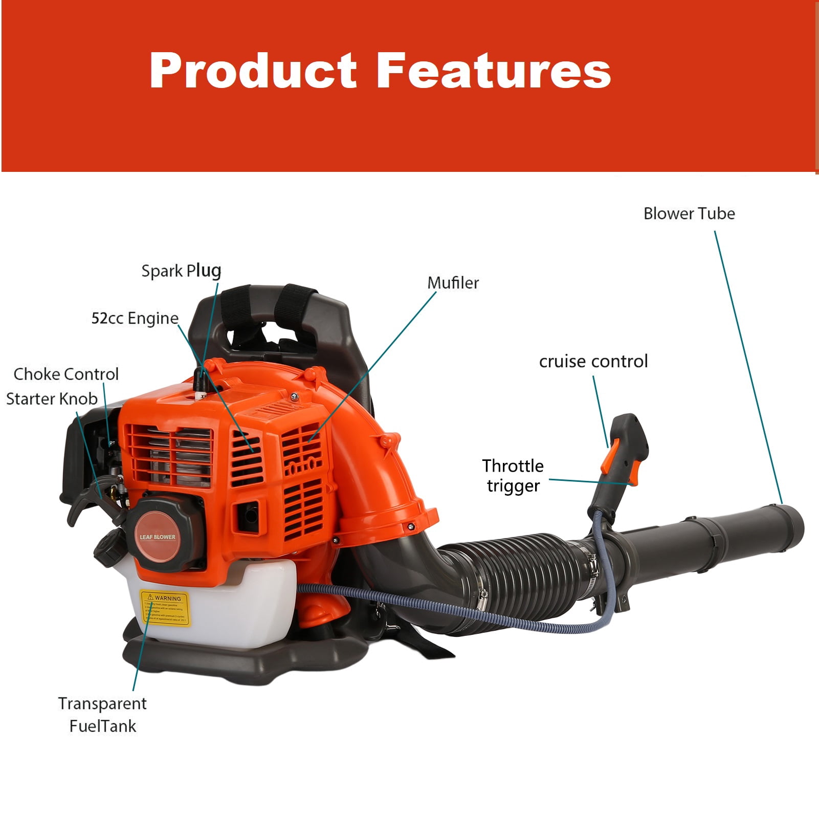 Aqmeifen 52CC 550CFM 1.7HP Gas-Powered 2-Cycle Backpack Leaf Blower for Lawn Care Orange EB430