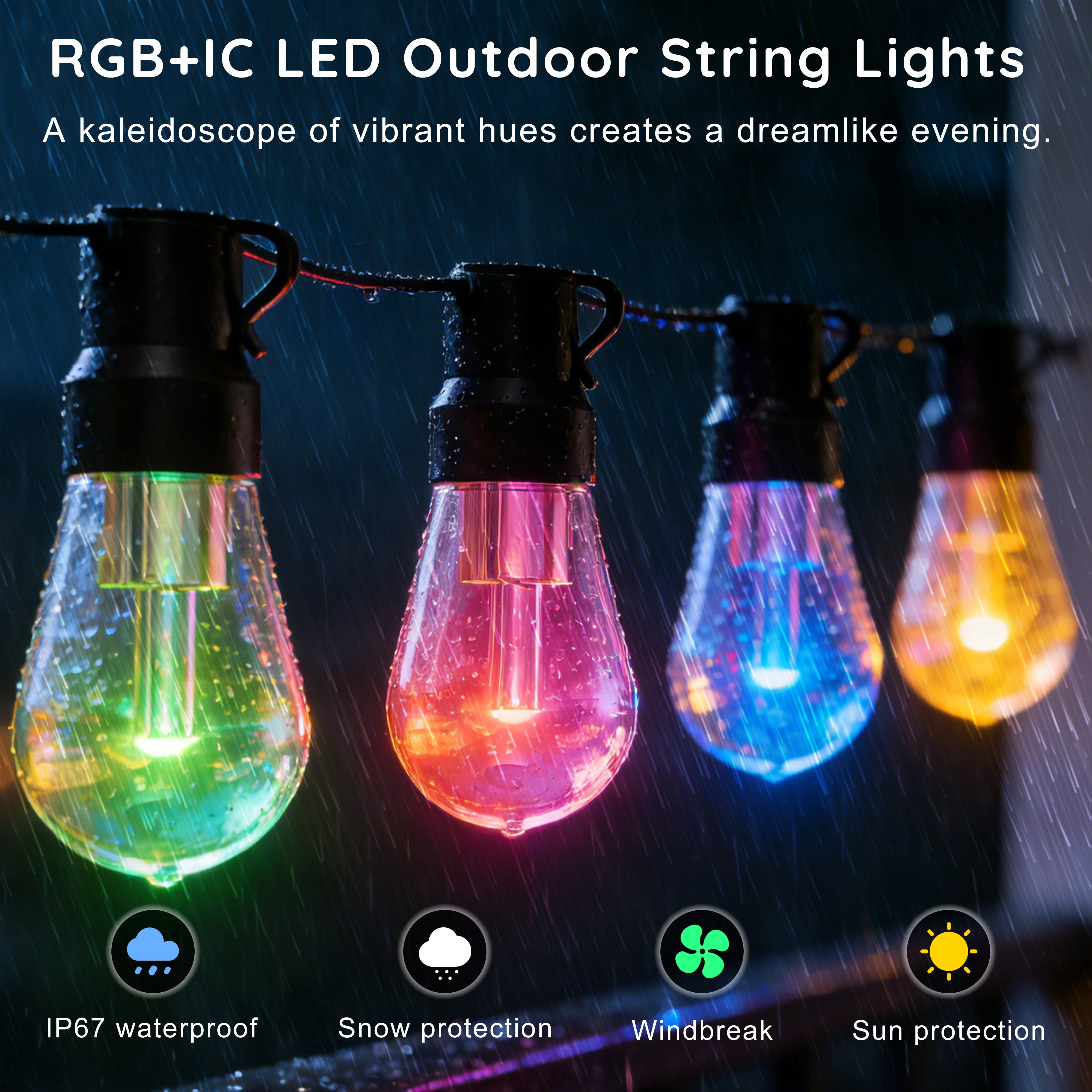 300FT RGB Outdoor String Lights, +IC Outside Light Dimmable Shatterproof LED Bulbs, IP67 Waterproof Chasing Effect Lighting DreamColor Patio Strip Lights for Backyard, Balcony, Outdoor Living