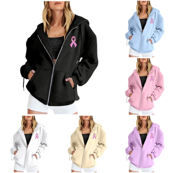 FYDUU Breast Cancer Awareness Gifts Zip Up Hoodie Women Long Sleeve Sweatshirt Jacket with Pockets Full Zip Up Hoodies for Women