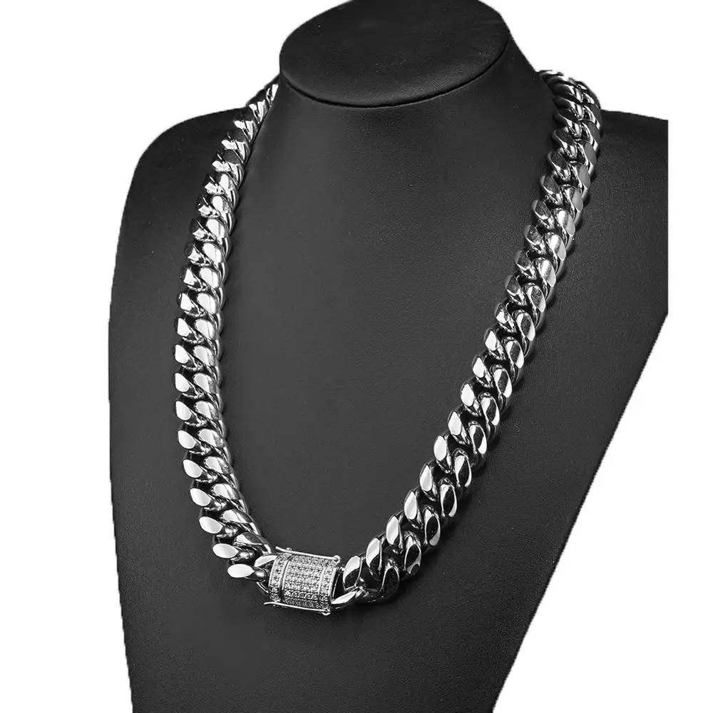 6-18mm wide Stainless Steel Cuban Miami Chains Necklaces CZ Zircon Box ...