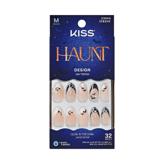 Kiss Core Halloween Press On Nails Almond, ‘HalloQueen’, Black & White, Medium, 32 Count