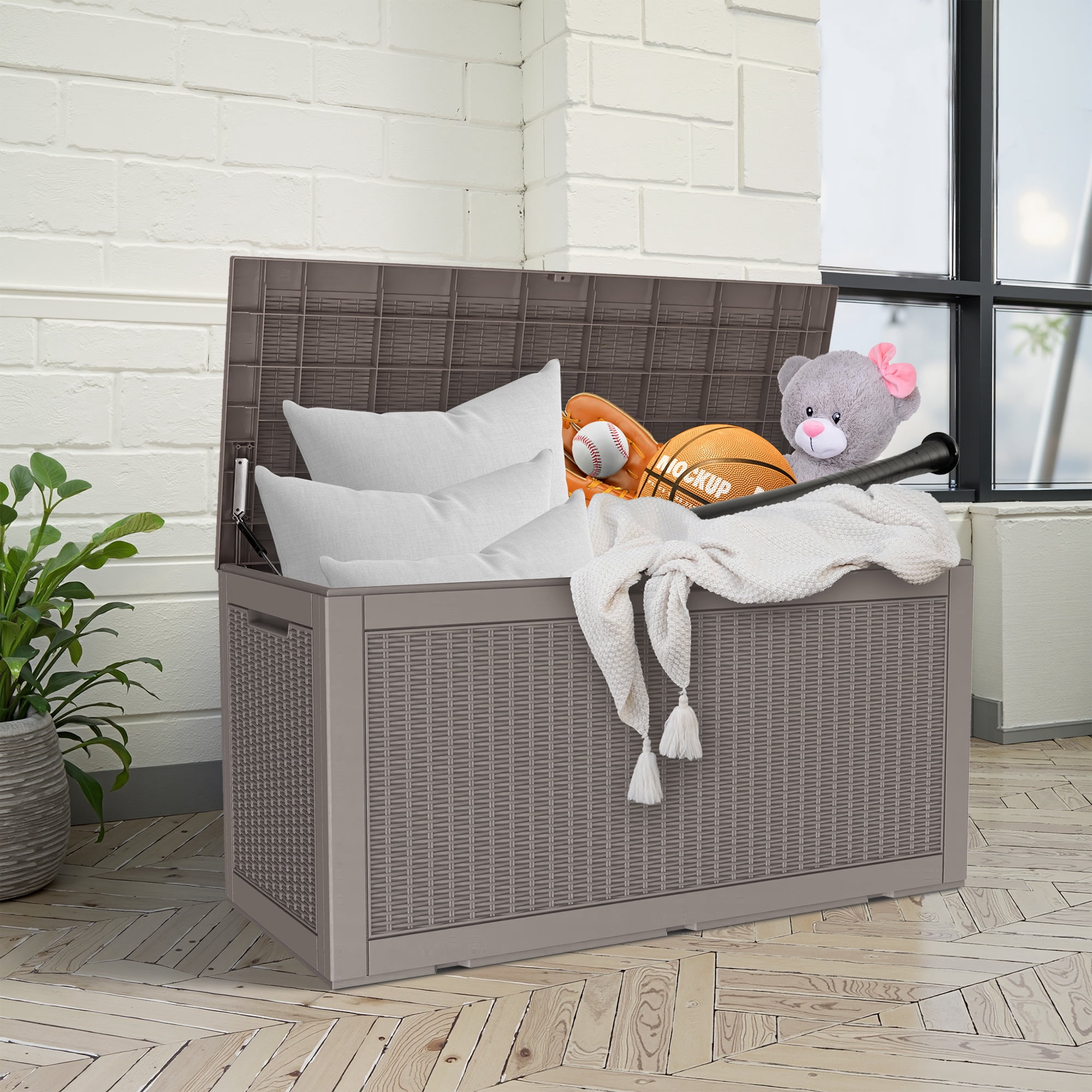 MAYEERTY 100 Gallon Outdoor Deck Box, Large Capacity Storage Box for Patio Furniture Cushions, Pillow with Wheels, Light Brown