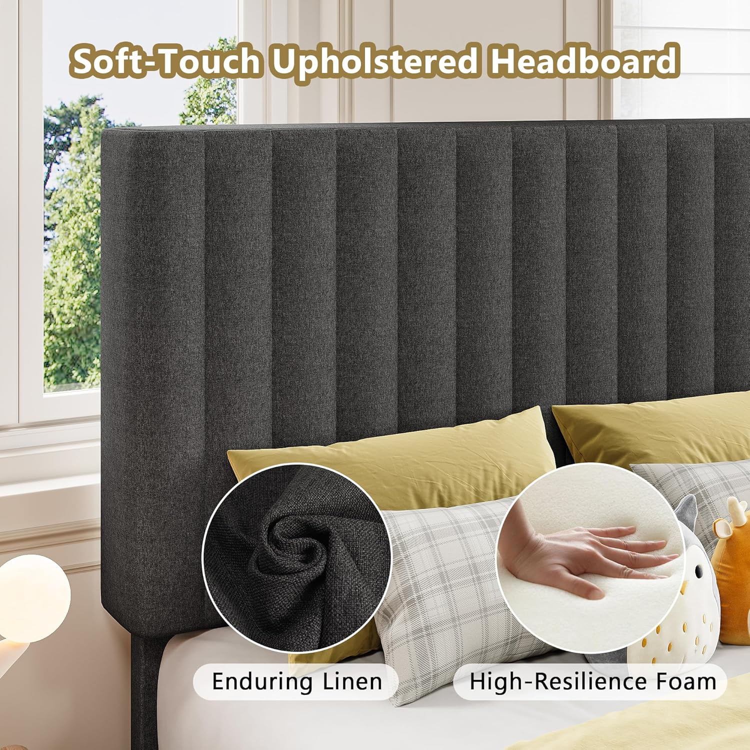 Honfach Twin Size Bed Frame, Upholstered Platform Bed with Velvet Headboard, Wide Bed Legs and Strong Wood Slats Support,Dark Grey