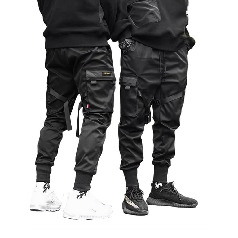 Kuriozud Men Casual Black Cargo Pant Multi Pockets Hip Hop Loose Sweatpants  Adjustable Straps Tapered Trousers 