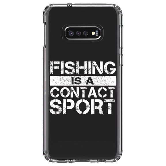DistinctInk Clear Shockproof Hybrid Case for Samsung Galaxy S10e (5.8" Screen) - TPU Bumper Acrylic Back Tempered Glass Screen Protector - Fishing is a Contact Sport