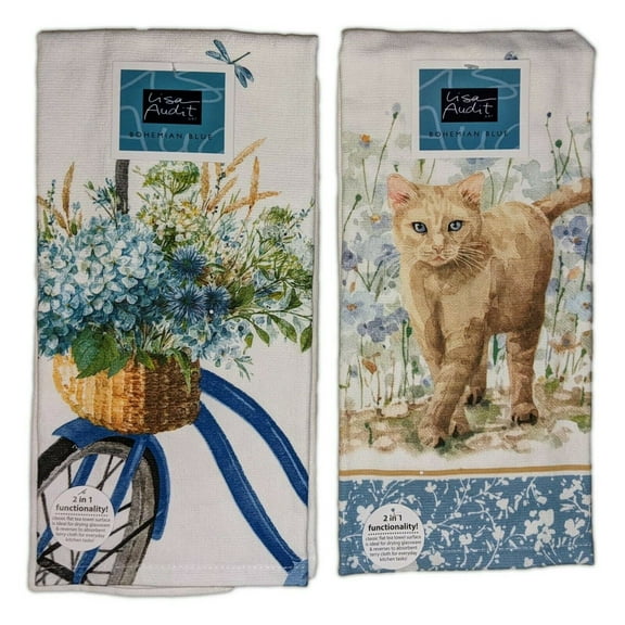 Set of 2 Bohemian Blue CAT & BIKE Terry Kitchen Towels by Kay Dee Designs