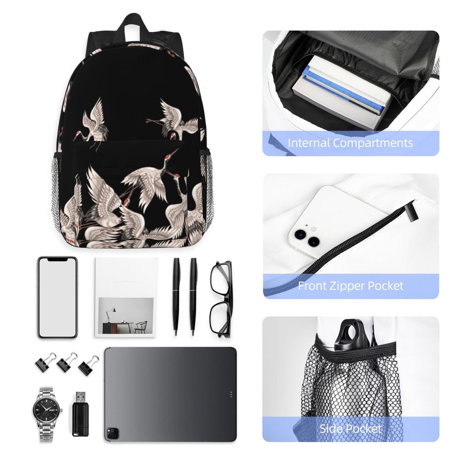 Rateoe Japanese White Crane Pattern Student Backpack Water-resistant Backpack 15-inch Laptop Backpack Lightweight Adjustable School Backpack