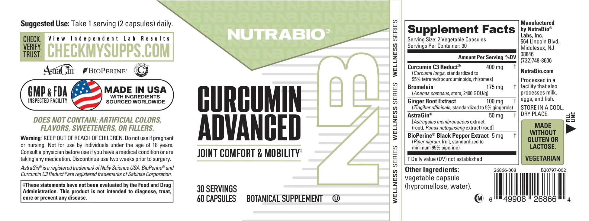 NutraBio Curcumin Advanced Digestion & Joint Support Complex with Bromelain and Ginger Root Extract, 60 Vegetable Capsules
