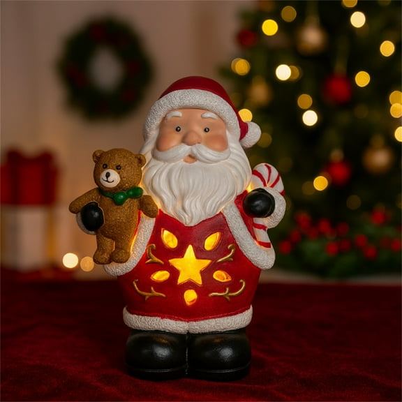 Christmas Santa Claus Statue with Bear,Light Up Funny Solar Santa Claus Figurine,Resin Glowing Santa Statue Figures for Home Garden Outdoor Indoor Housewarming Decoration