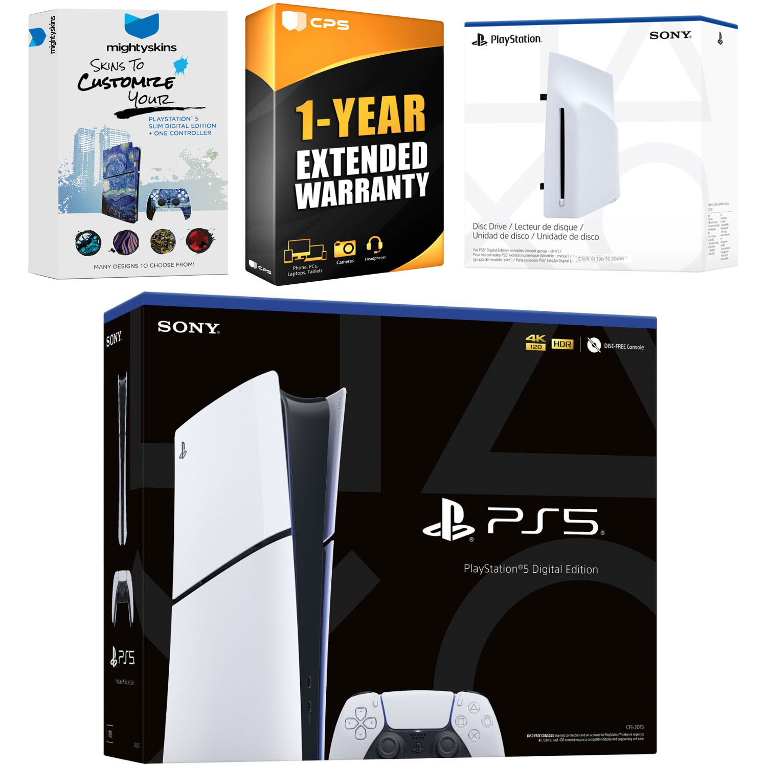 Sony PlayStation 5 Slim Digital Bundle with Disc Drive, MightySkins Code and 1 Year Extended Warranty