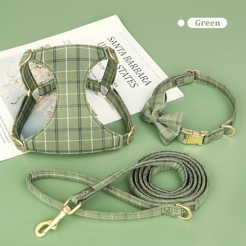 Cute Extra Small Dog Harness Collar and Leash Set with Bowtie, Soft Adjustable Plaid Puppy Harness for Small Sized Dogs Cats Walks Parties and Photoshoots(Green,XXS:Chest 12-14")
