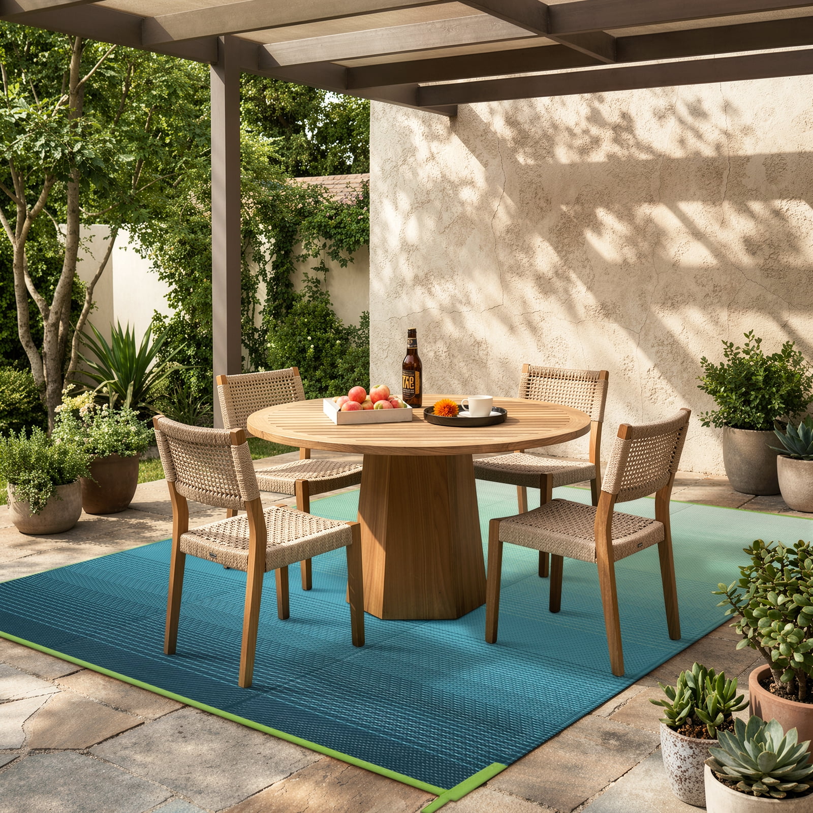 SUNDEREY Outdoor Rug 5'x8', Waterproof Reversible Plastic Straw Mat for Patio, RV & Camping - Lightweight Carpet for Deck, Balcony & Backyard, Teal