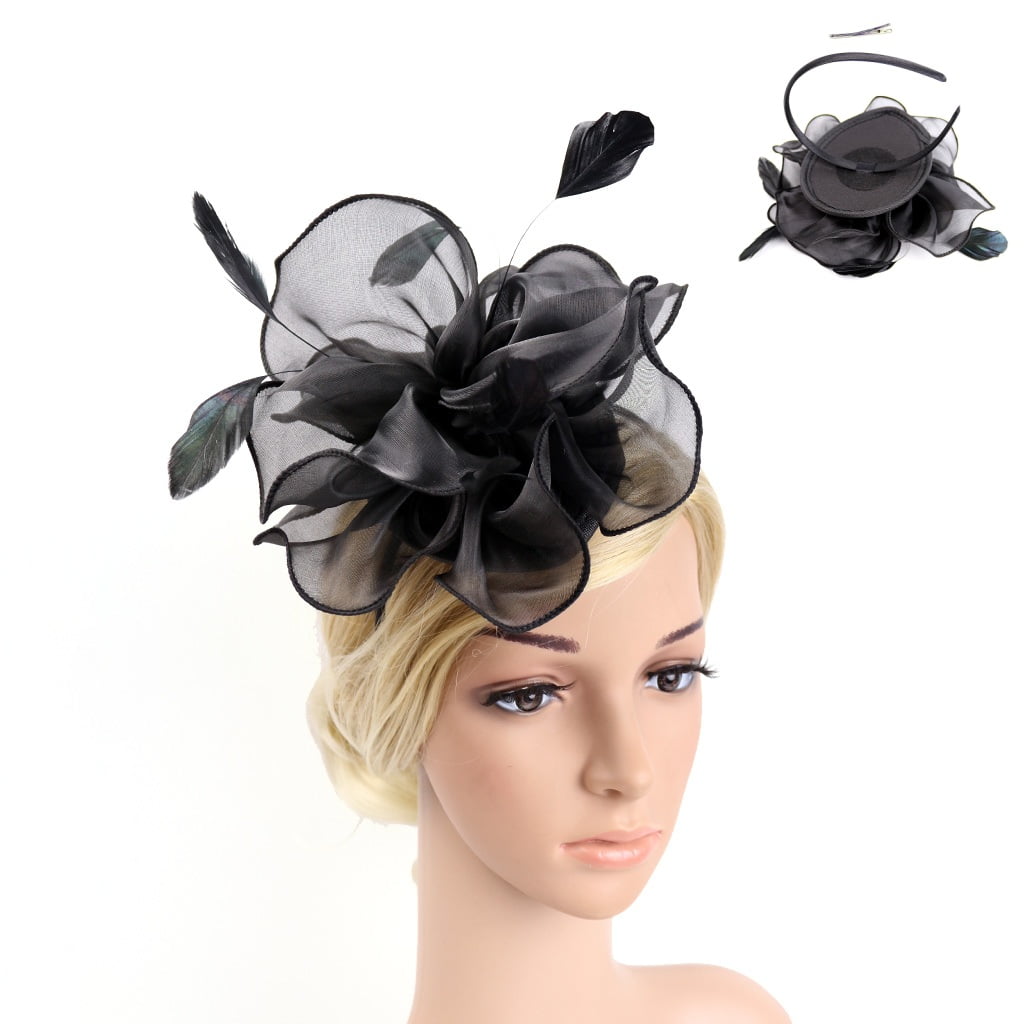 LASAION Fascinators for Women Feather Flower Mesh Ribbons Hats with a Clip on Headband