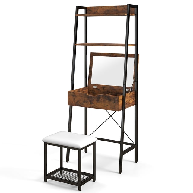 Costway Ensemble de Coiffeuse avec Miroir à Rabat Échelle Étagère de Rangement Tabouret Rembourré Rustique