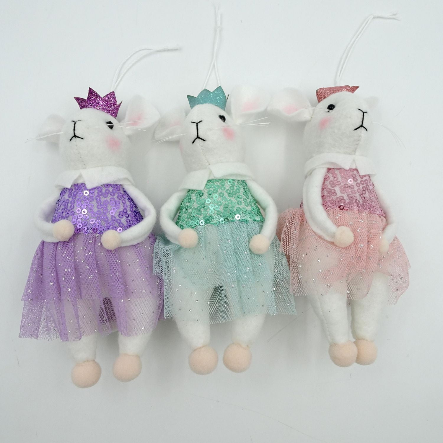 Holiday Time Set of 3 Mouse Ornaments - Purple, Green, Pink, Set of 3 Mouse Ornaments