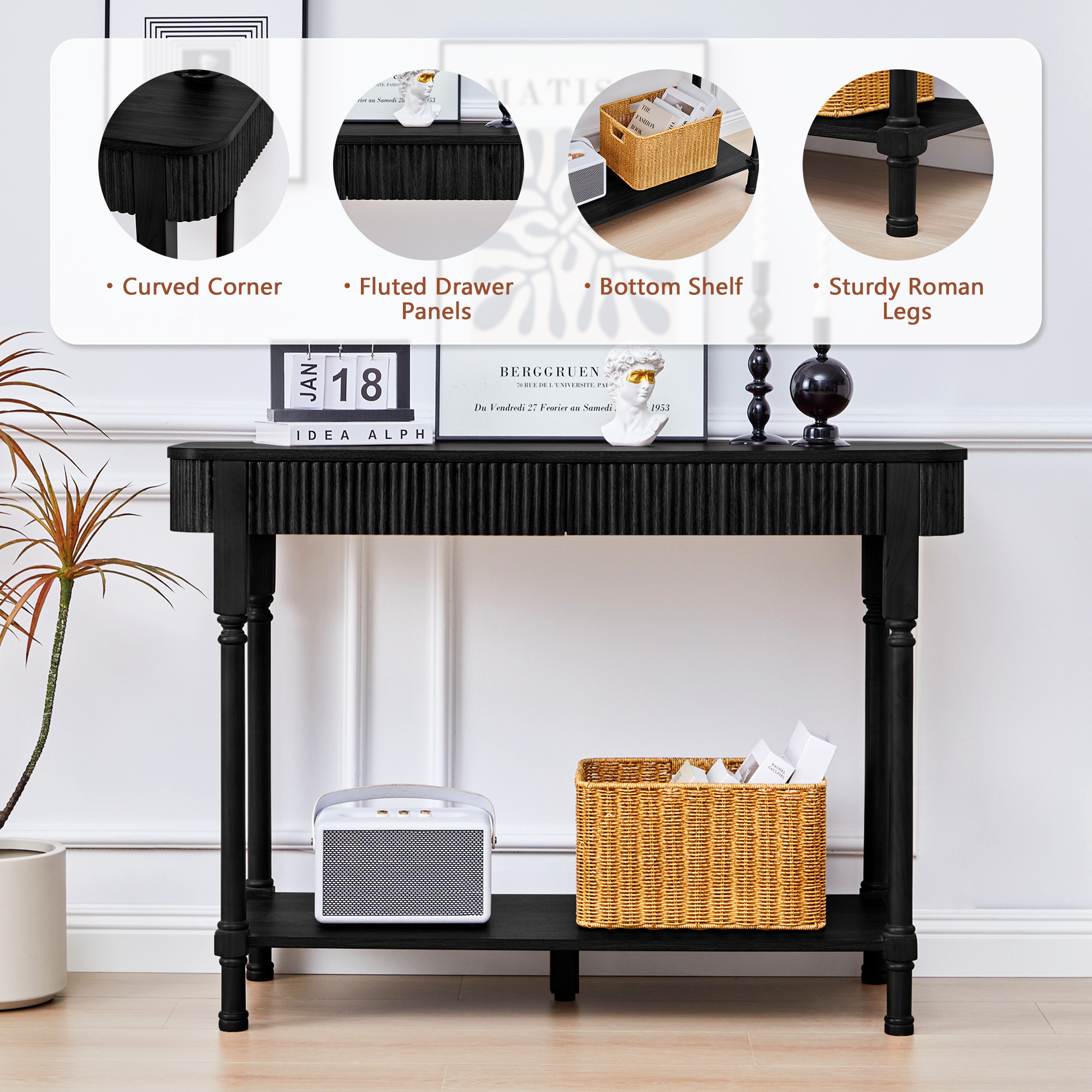 YOCWO Roman Column Console Table, Fluted Sofa Table with 2 Drawer and Open Shelf for Storage, Mid Century Modern Entryway Table for Living Room Hallway, Black