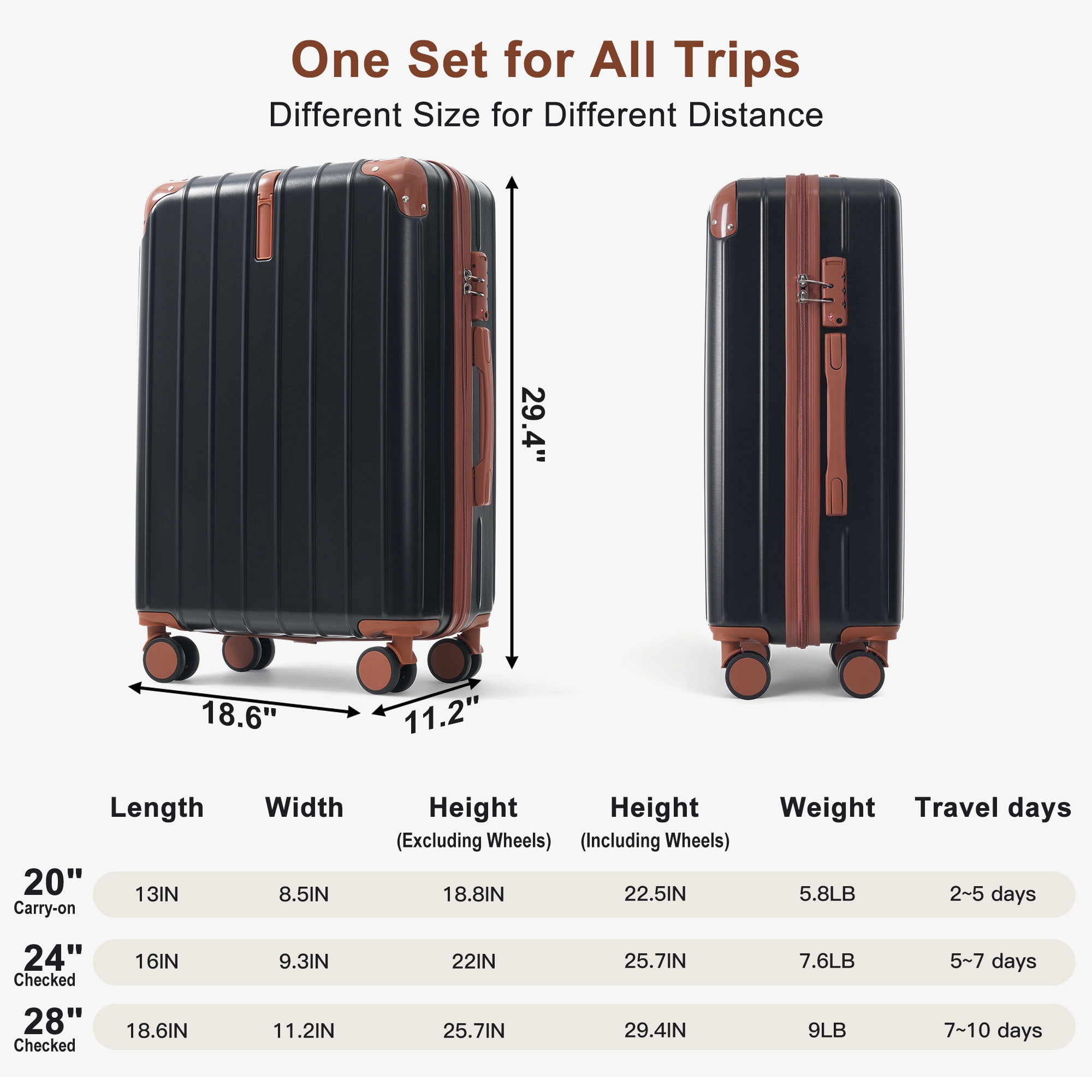 Euroco 3 Piece Luggage Sets, Lightweight Durable Hardshell Suitcase set with 360° Spinner Wheels,TSA Lock & Side Hooks,Large Checked Travel Suitcase for Family,Black