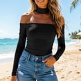 thumbnail image 2 of Tqcoqu Women's Off Shoulder Tops,Long Sleeve Slim Fit Stretchy Shirts Blouses Top,Matching Choker Neckline & Built-in Bra,Black Women's XS-XXL, 2 of 10