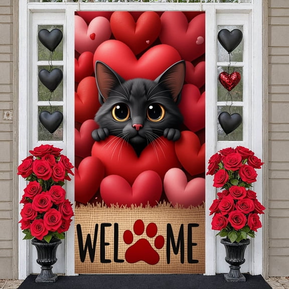 Pink Puppy Valentine's Banner Red Bow Dog Love Display Rose Flower Heart Pattern Romantic Backdrop for Valentine's Day Party Pet Lovers Romantic Date