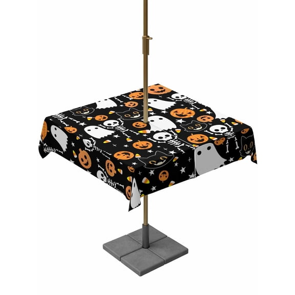 Outdoor Tablecloth with Umbrella Hole and Zipper, Halloween Square Table Cloth 54x54 Inch Waterproof Tablecloth, Orange Pumpkins White Funny Ghost Black Cat Picnic Table Cover for Patio Camping