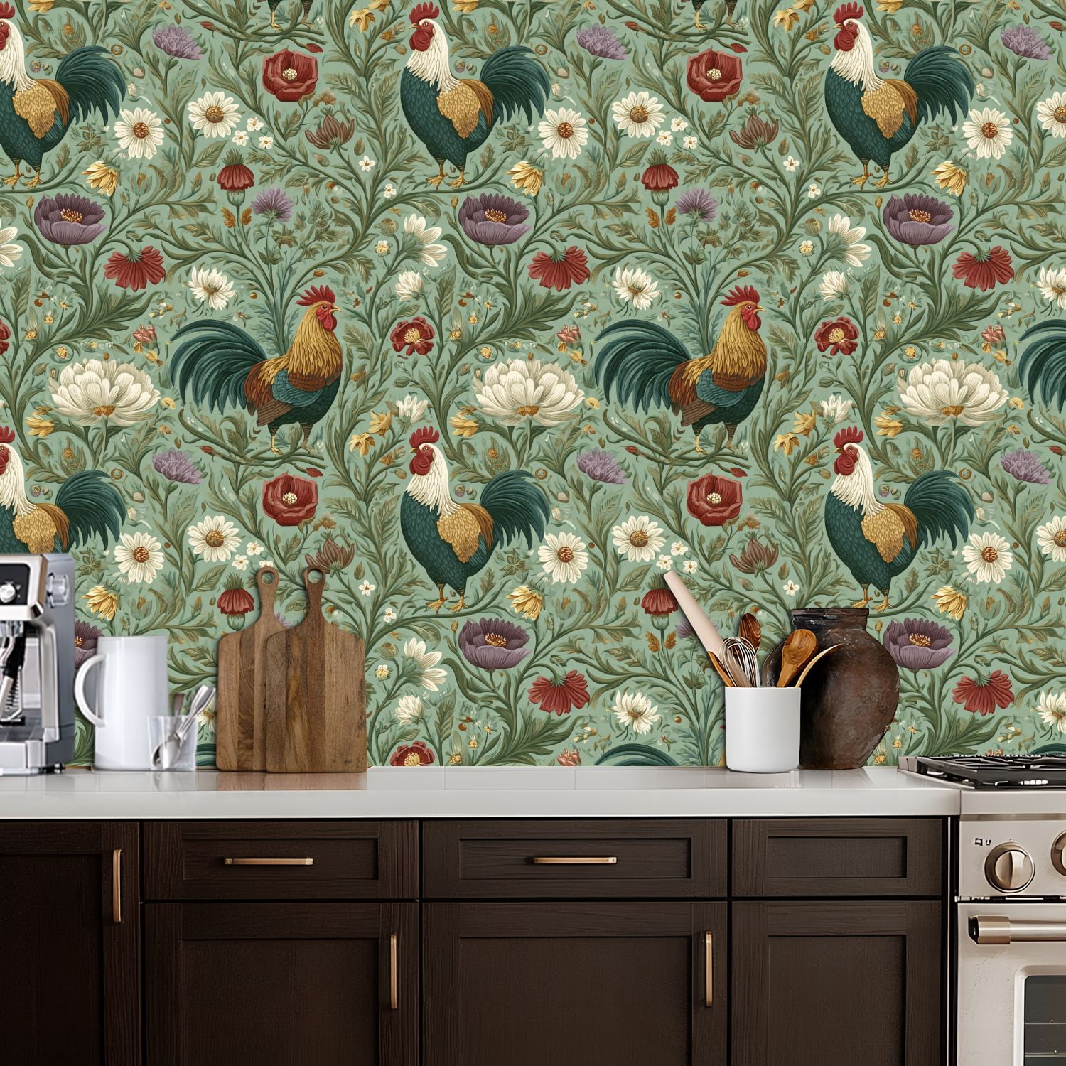 Peel and Stick Wallpaper 17.7in x 9.8ft Farmhouse Roosters Floral Elements Soft Pastel Hues Contact Paper Vinyl Waterproof Self Adhesive Wall Paper for Bedroom Shelf Cabinet Renter Friendly