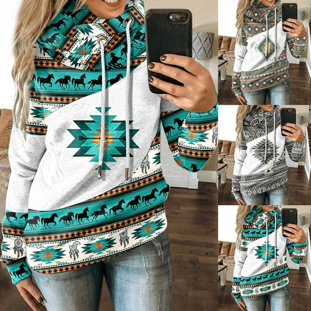 Aztec Hoodies for Women,Womens Aztec Hoodies Pullover,Womens Aztec Hoodie  Geometric Print Sweater Long Sleeve Color Block Pullover Drawstring  Sweatshirt with Pockets 