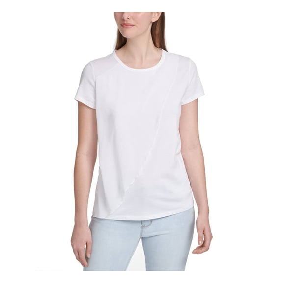 DKNY Womens White Ruffled Short Sleeve Crew Neck Top Size: L